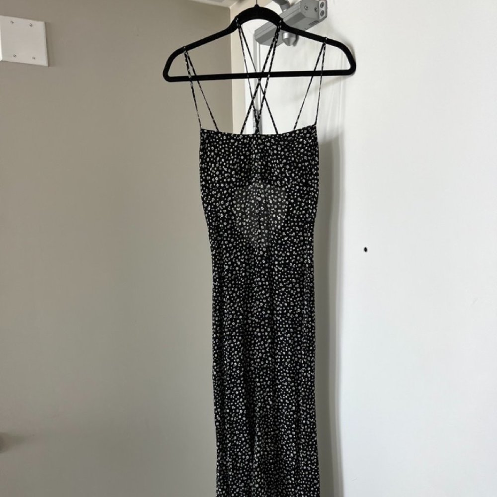 NWOT Zara black mini flowers maxi dress with spaghetti straps, women size XS